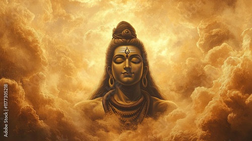 Wallpaper Mural Magnificent view of Lord Shiva's face, framed by golden clouds, blending spirituality with celestial artistry. Torontodigital.ca