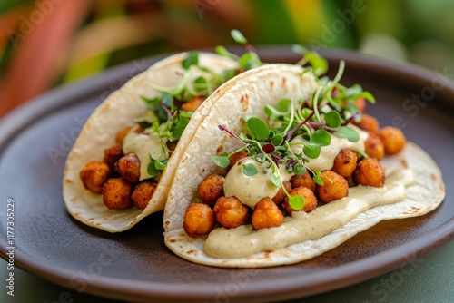 Two tacos filled with roasted chickpeas, a creamy sauce, and topped with fresh microgreens photo