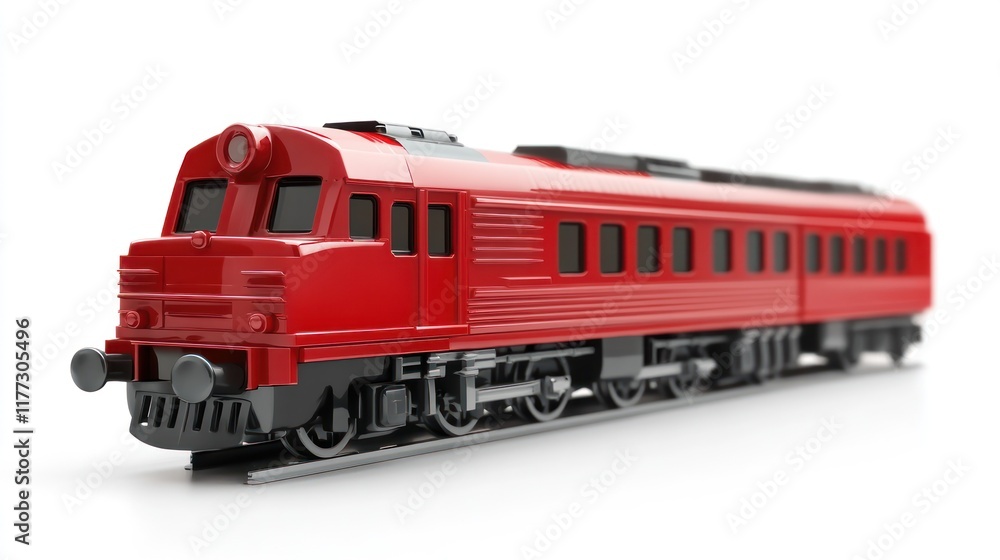 A red model train on tracks, showcasing design and engineering in transportation. A red model train on tracks, showcasing design and engineering in transportation.