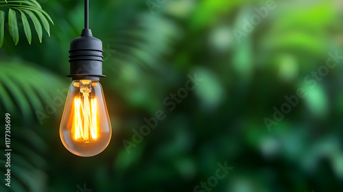 Illuminated Edison bulb hanging amidst lush green foliage, signifying eco-friendly energy. Ideal for sustainability campaigns. photo