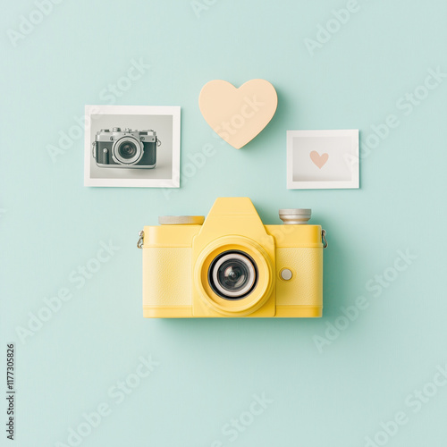 ra alongside two photographs marked with heart symbols and a large standalone heart. Perfect for designs celebrating photography, love, and memories, with a playful and charming aesthetic. photo