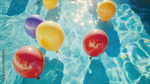 Colorful Balloons Floating in Bright Refreshing Water Surface