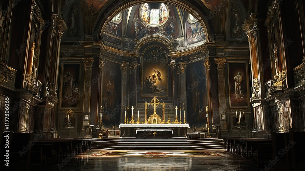 Fototapeta premium Majestic interior of a Roman Catholic church, high altar at the center, surrounded by sacred stained glass art.