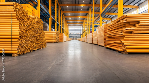 Industrial warehouse interior, rows of stacked yellow pipes and wooden planks, spacious floor, high ceiling; suitable for manufacturing, logistics, or industry publications. photo