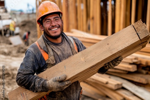 Skilled worker proudly carrying lumber on a busy construction site in a vibrant atmosphere photo