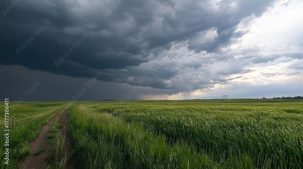 storm system looms over lush green field, creating dramatic contrast with dark clouds. scene evokes sense of nature power and beauty storm system looms over lush green field, creating dramatic contrast with dark clouds. scene evokes sense of nature power and beauty