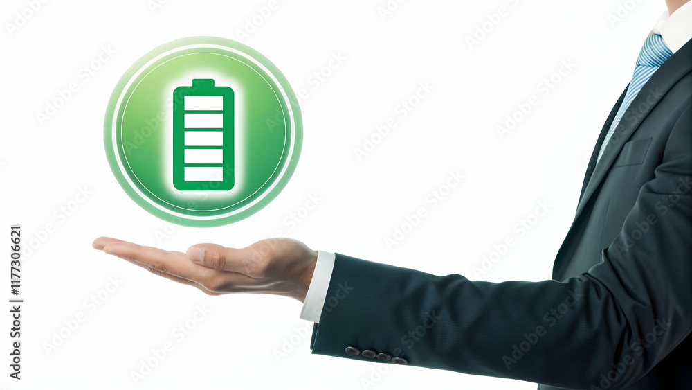 Businessman Holding Conceptual Battery Icon with Charge Indicator Businessman Holding Conceptual Battery Icon with Charge Indicator