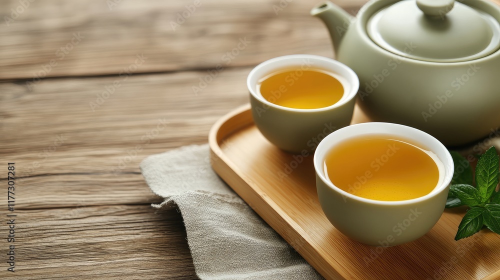Ceramic teapot and two cups filled with green tea displayed on a wooden tray, surrounded by warm lighting and a soft background. Ceramic teapot and two cups filled with green tea displayed on a wooden tray, surrounded by warm lighting and a soft background.