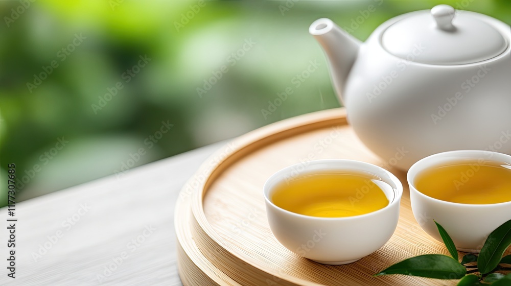 Ceramic teapot and two cups filled with green tea displayed on a wooden tray, surrounded by warm lighting and a soft background Ceramic teapot and two cups filled with green tea displayed on a wooden tray, surrounded by warm lighting and a soft background