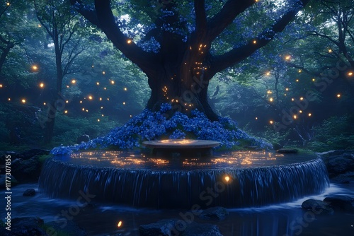 A large tree with blue flowers in the center of an enchanted forest. Water flows from it, and glowing fireflies flutter around it. Atop its trunk sits a circular stone table photo