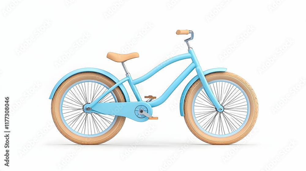 Fototapeta premium Light blue cruiser bicycle on white background, perfect for leisure, travel, or kids' activities.