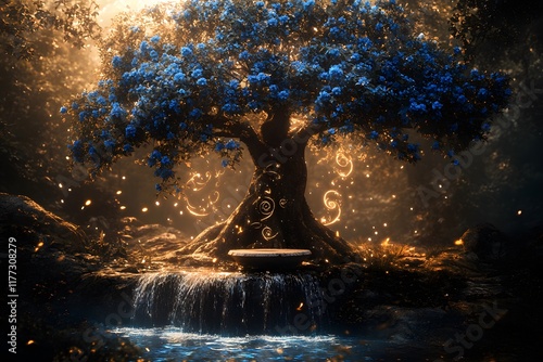 A large tree with blue flowers in the center of an enchanted forest. Water flows from it, and glowing fireflies flutter around it. Atop its trunk sits a circular stone table photo