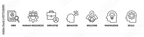 Onboarding banner web icon vector illustration concept for human resources business industry to introduce newly hired employee into an organization with behavior, welcome, knowledge, and skills icon