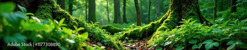 Dense forest foliage Pilea microphylla plants and wild moss overgrown with ferns, greenery, moss photo