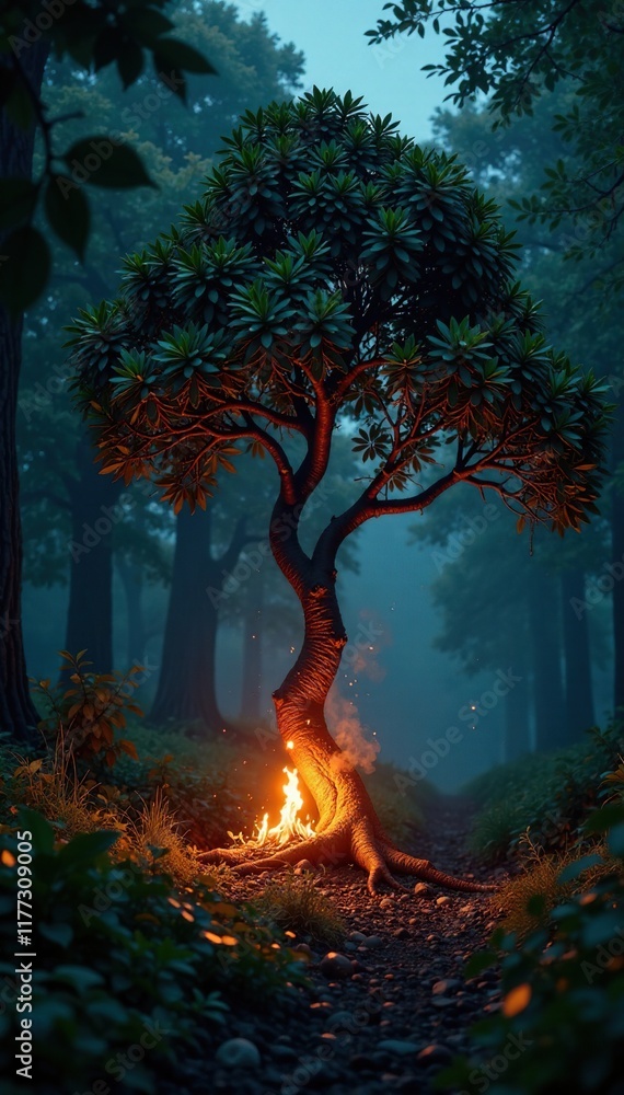 Dense foliage surrounds a lone tree with branches bent towards flames, darkness, shadows Dense foliage surrounds a lone tree with branches bent towards flames, darkness, shadows