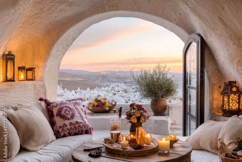 A cozy cave hotel room in Uchisar, with warm lighting and a window offering a view of the fairy chimneys photo