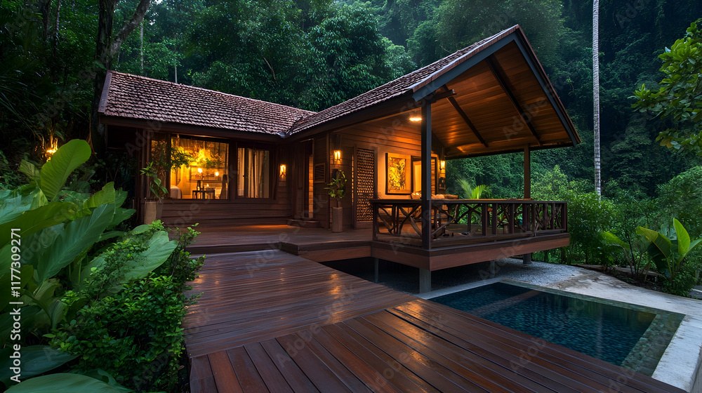 Luxurious Jungle Villa with Private Pool, Evening Ambiance, Tropical Getaway, Relaxation. Luxurious Jungle Villa with Private Pool, Evening Ambiance, Tropical Getaway, Relaxation.