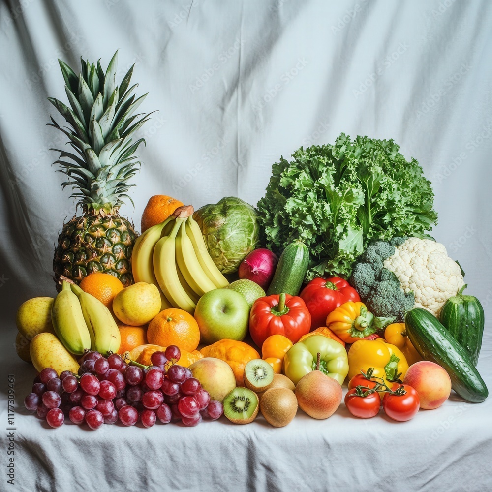 a variety of fresh fruits and vegetables on a table. a variety of fresh fruits and vegetables on a table.
