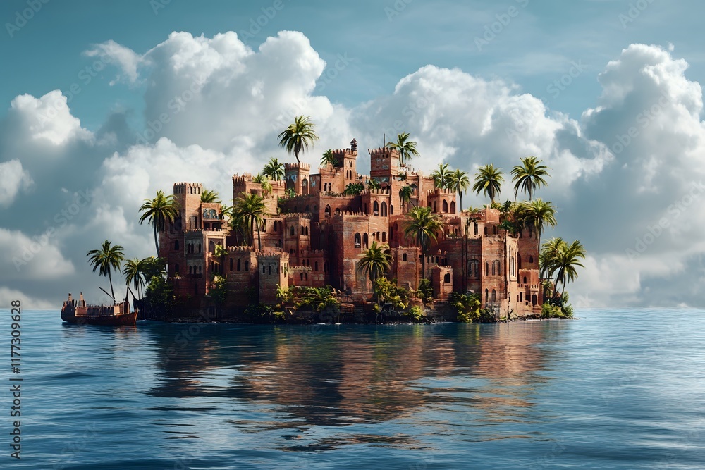 Fototapeta premium An island with a pirate shipwreck, surrounded by sea and clouds, in the center of which is an ancient Arabic city made up of red brick houses.