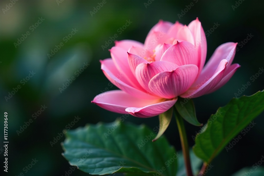 Delicate pink petals unfolding on a stem with dark green leaves, blossoms, flower, botanical Delicate pink petals unfolding on a stem with dark green leaves, blossoms, flower, botanical