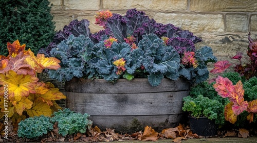 A flowering kale plant arranged in a rustic wooden planter, surrounded by other ornamental plants in a charming home garden. photo