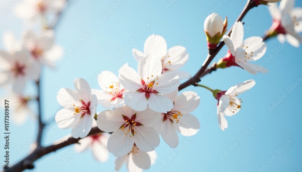 Delicate petals unfurl on white cherry blossoms, swaying gently in soft breeze, clear sky, Delicate petals unfurl on white cherry blossoms, swaying gently in soft breeze, clear sky,