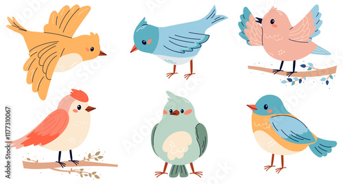 Set of spring birds illustrations in cute  childish style. Different birds. Beautiful and cute multi-coloured birds. Vector cartoon illustration in childish style. Isolated on white.