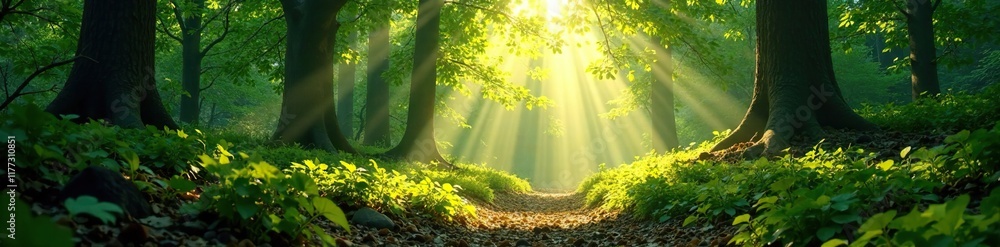 Dappled sunlight illuminates forest floor with leafy shadows, foliage, leaves Dappled sunlight illuminates forest floor with leafy shadows, foliage, leaves