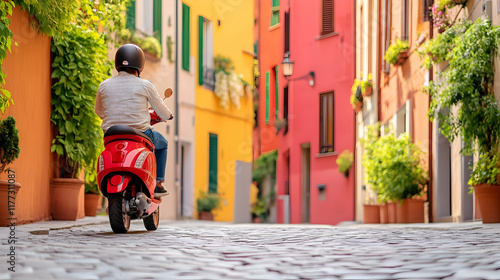 Man rides red scooter through colorful Italian town, cobblestone street background; travel, tourism.