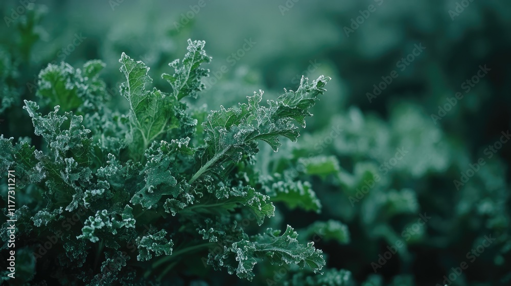 A kale bush thriving in the cold, its rich green leaves dusted with frost, ready to be prepared in a hearty stew with potatoes and sausage. A kale bush thriving in the cold, its rich green leaves dusted with frost, ready to be prepared in a hearty stew with potatoes and sausage.