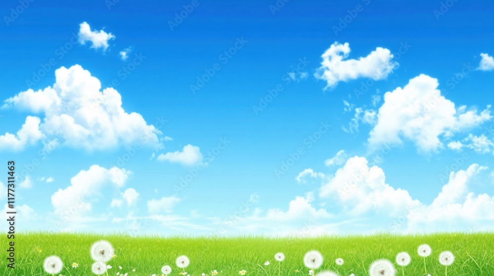 Vibrant Green Field with White Dandelions Under a Clear Blue Sky and Soft Clouds Vibrant Green Field with White Dandelions Under a Clear Blue Sky and Soft Clouds