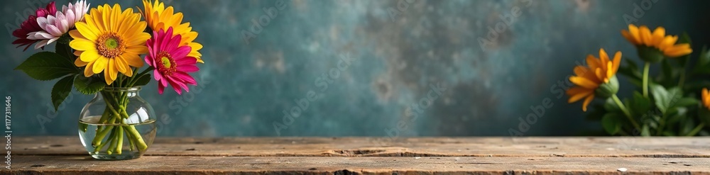 Fototapeta premium Colorful flowers on a wooden table with a simple vase, colorful, flowers