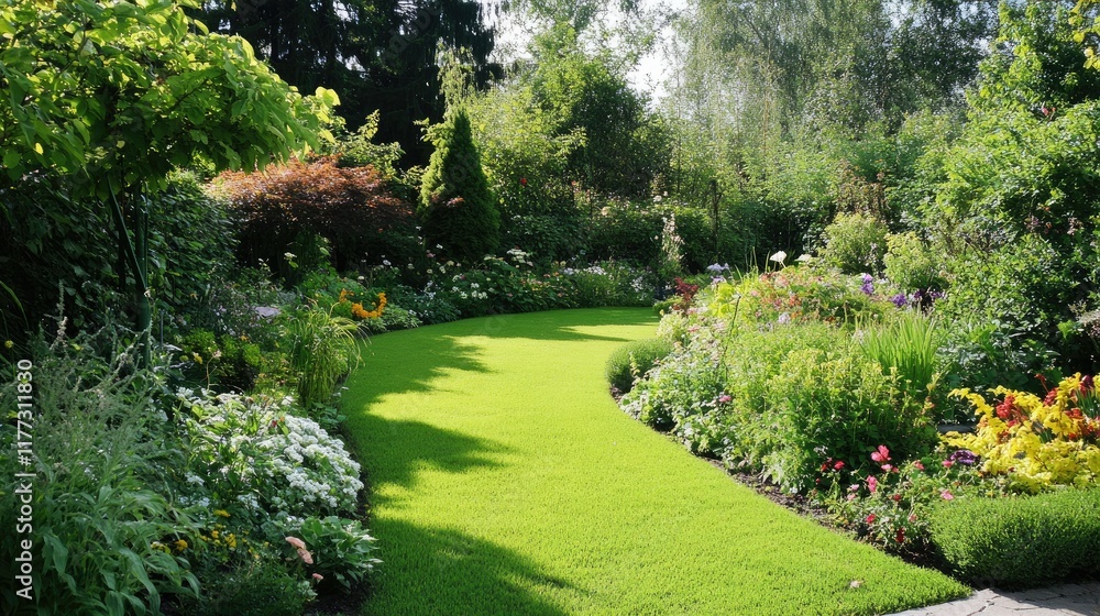 Obraz premium A lush garden filled with vibrant green plants thriving in natural sunlight, showcasing the serenity of an ecologically clean place.