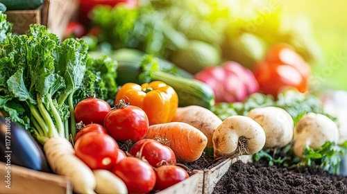 A lush organic farm with an assortment of vegetables growing in rich soil, symbolizing sustainable agriculture and healthy living.