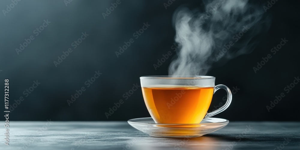 Steaming Hot Tea in Glass Cup on Dark Background with Soft Focus and Gentle Vapor Rising Steaming Hot Tea in Glass Cup on Dark Background with Soft Focus and Gentle Vapor Rising