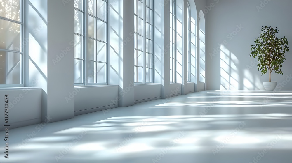 Fototapeta premium Sunlight Streams into White Room with Plant