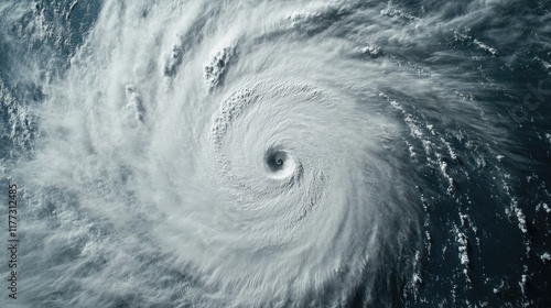 A massive superstorm brewing over the ocean, with strong winds pushing waves and dense storm clouds swirling toward the horizon. photo