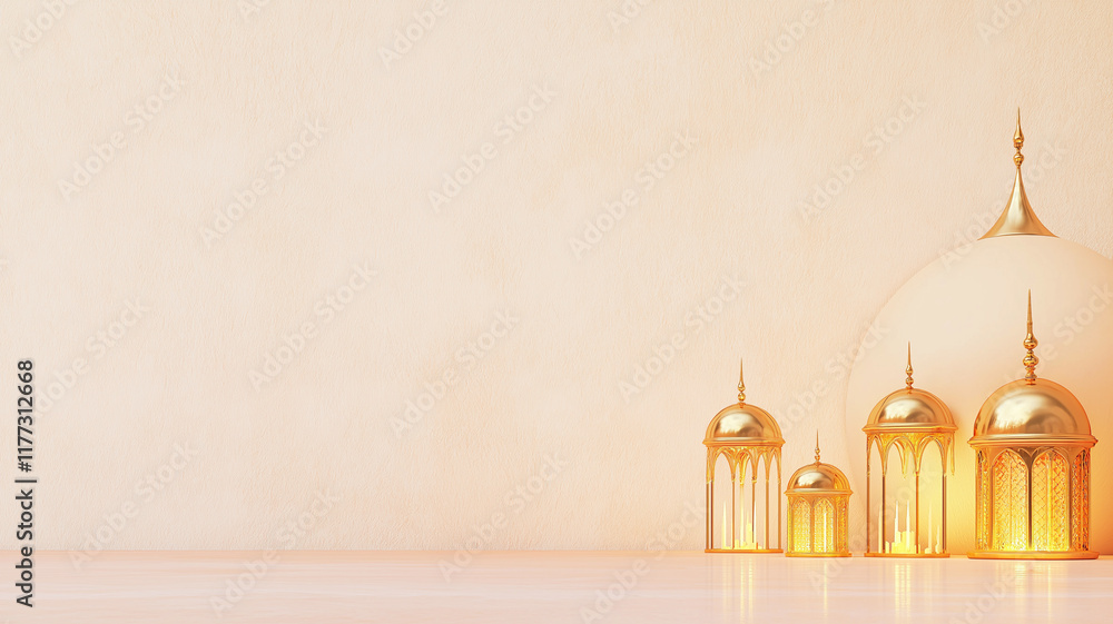 Modern beige and copper Ramadan design with metallic mosque domes and abstract lighting.
Modern beige and copper Ramadan design with metallic mosque domes and abstract lighting.