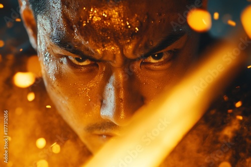 A hyper-realistic close-up of a kung fu master face, showing sweat, determination, and intense focus during combat