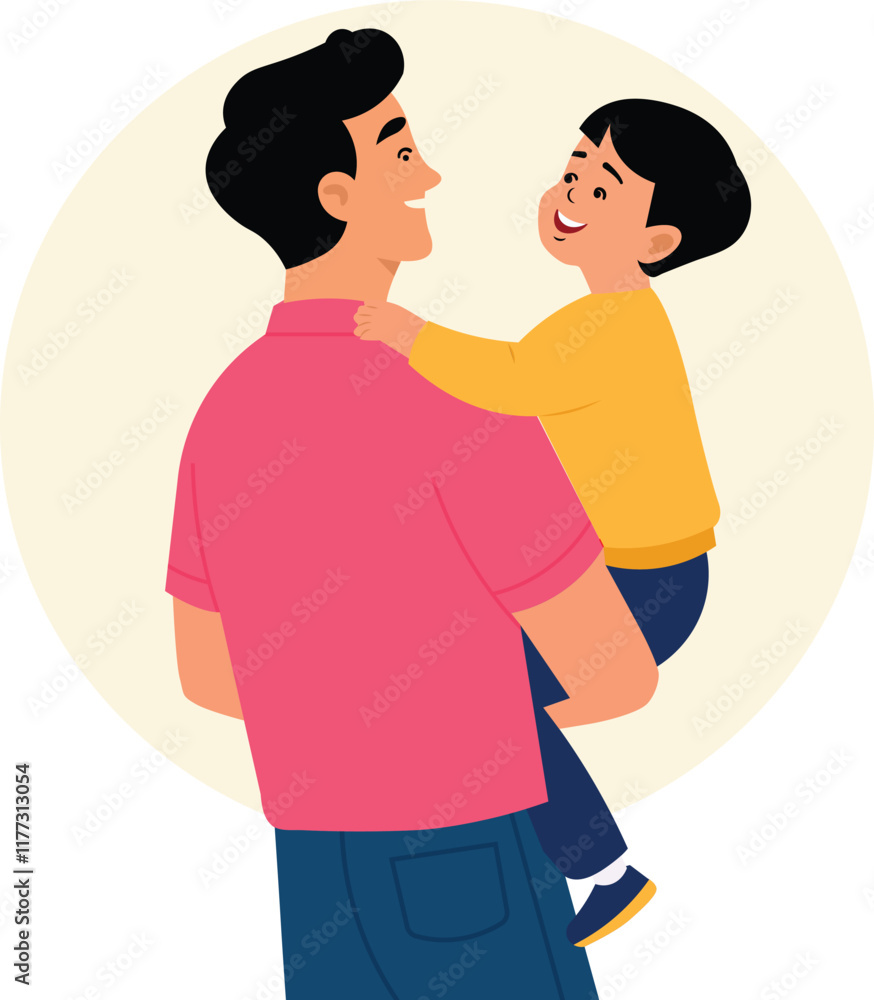 flat vector father holding his son in his. flat vector father holding his son in his.