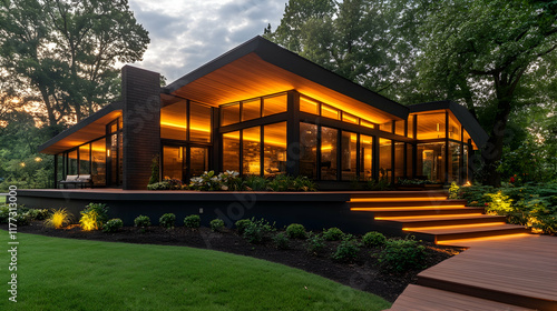 Modern house illuminated at dusk, nestled in lush green landscape, showcasing architectural design and outdoor lighting. Ideal for real estate, architecture, and home design websites. photo