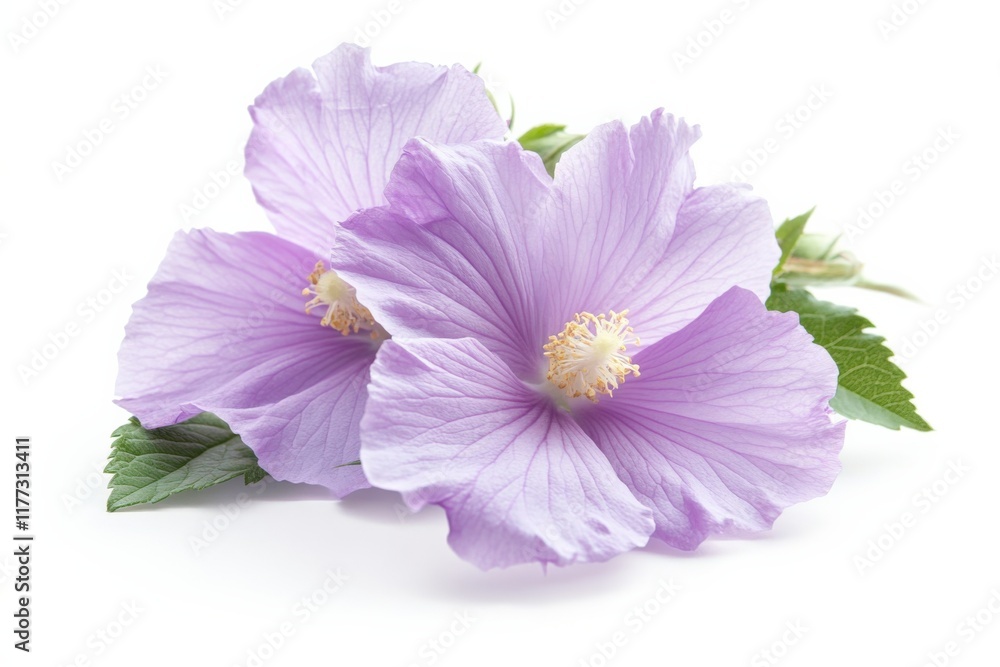 Fototapeta premium close up of two light purple hibiscus flowers with leaves against a white background