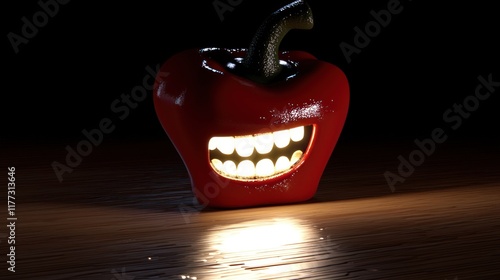 Illuminated red bell pepper with a smiling mouth on a wooden surface. photo