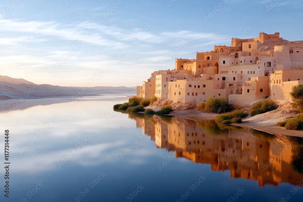 Fototapeta premium A ksar at dawn, with golden light illuminating its walls and the oasis casting soft reflections of the sunrise