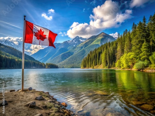 Muchalat Lake's breathtaking scenery: a Canadian flag proudly waves in pristine BC nature. photo