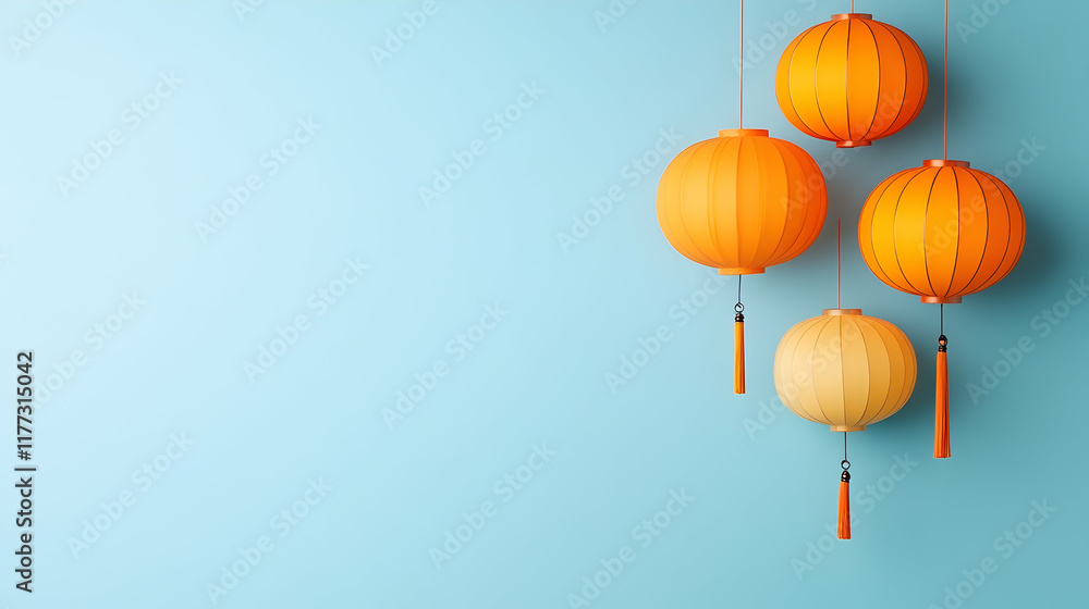 Obraz premium Orange and yellow lanterns hanging against a light blue wall, celebration, copy space, Asian culture.