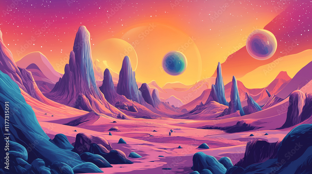 Alien planet with strange terrain, colorful skies, and explorers setting foot on its surface for the first time Alien planet with strange terrain, colorful skies, and explorers setting foot on its surface for the first time