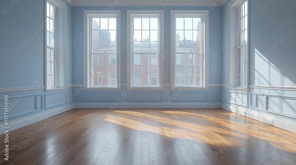 Fototapeta premium Sunlit empty blue room with hardwood floor, large windows, and city view