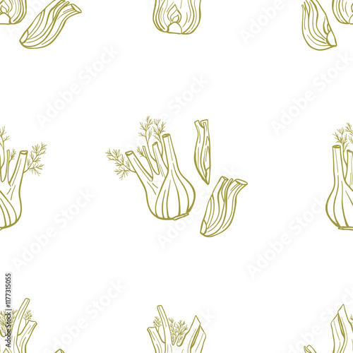 Hand drawn fennel root seamless pattern. Simple culinary design for fabric, textile, wrapping paper, menu