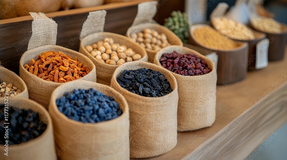 Fototapeta premium Dried Fruits and Nuts in Burlap Bags Organic Healthy Snacks